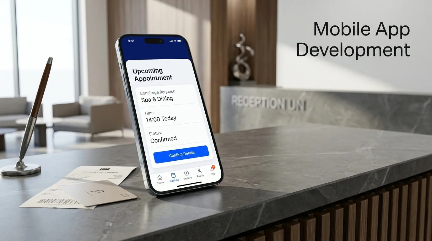 A phone on a reception counter showing an appointment confirmation screen