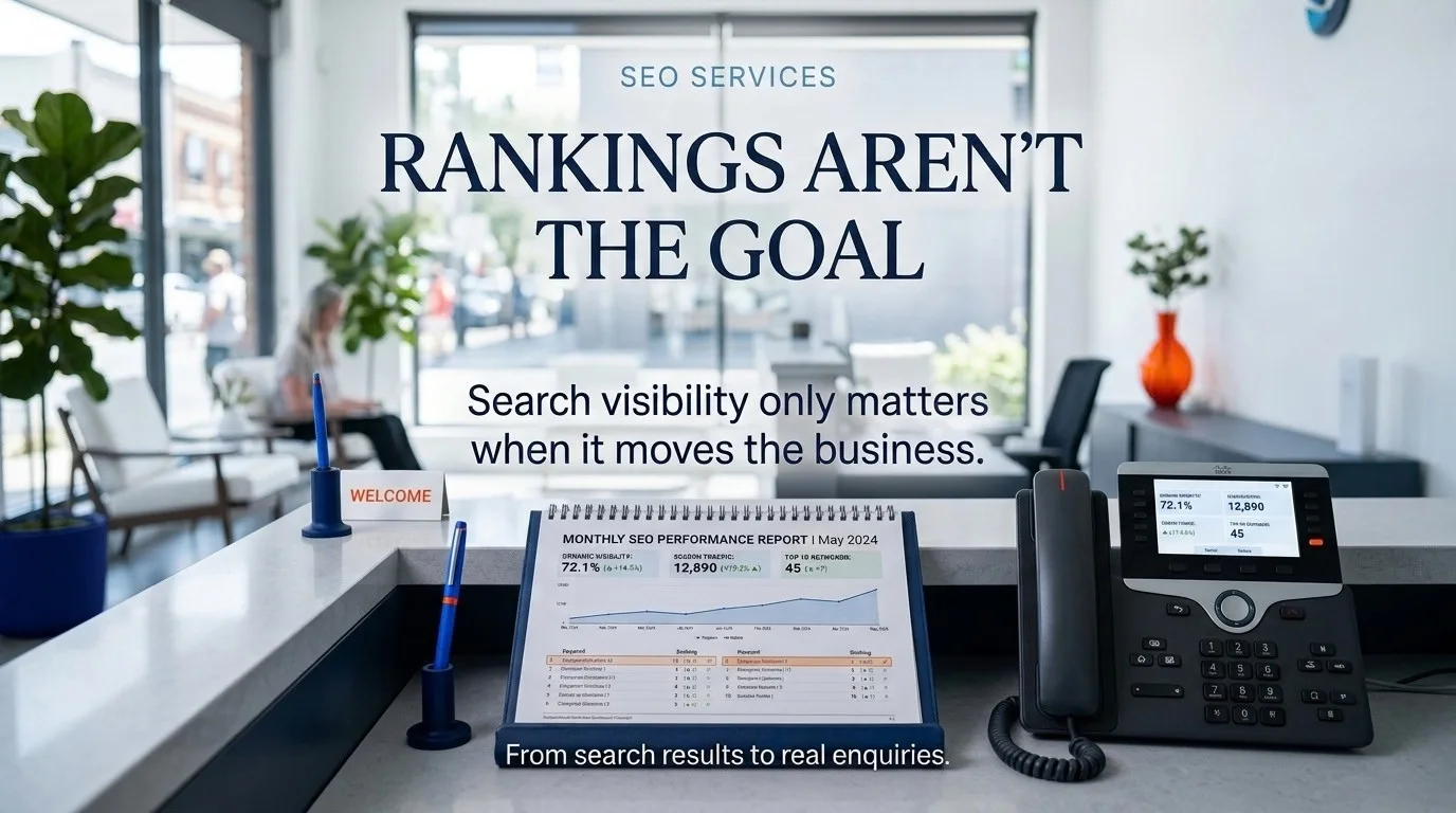 A printed monthly search performance report on a reception desk beside a phone and a dashboard screen